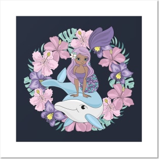 Mermaid dolphin floral ring Posters and Art